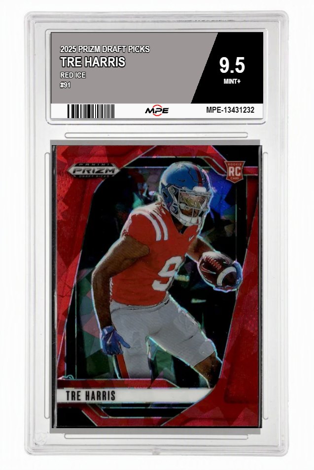 2025 PRIZM DRAFT PICKS Red Ice #91 TRE HARRIS MPE 9.5 MINT+ — graded card auctioned from the MPE vault