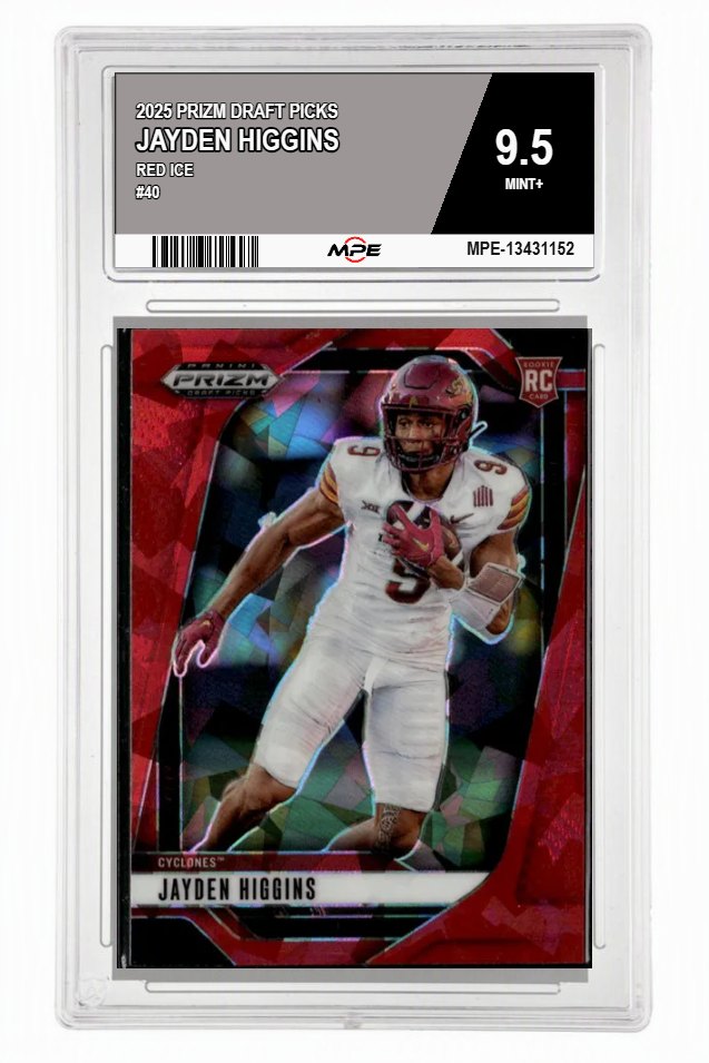 2025 PRIZM DRAFT PICKS RED ICE #40 JAYDEN HIGGINS MPE 9.5 MINT+ — graded card auctioned from the MPE vault
