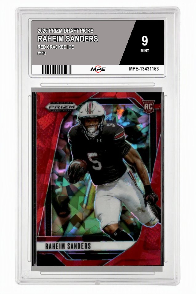 2025 PRIZM DRAFT PICKS RED CRACKED ICE #113 RAHEIM SANDERS MPE 9 MINT — graded card auctioned from the MPE vault