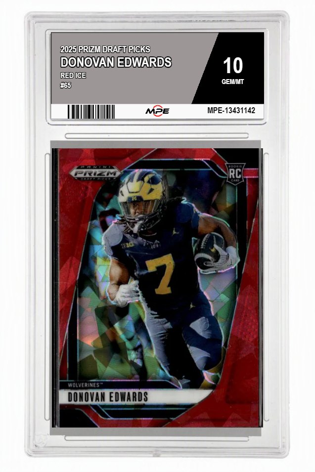 2025 PRIZM DRAFT PICKS Red Ice #65 DONOVAN EDWARDS MPE 10 GEM/MT — graded card auctioned from the MPE vault