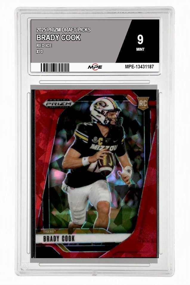 2025 PRIZM DRAFT PICKS Red Ice #70 BRADY COOK MPE 9 MINT — graded card auctioned from the MPE vault