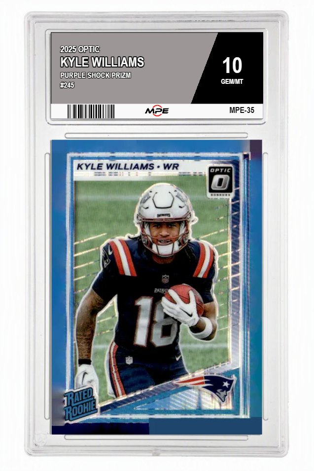 2025 OPTIC PURPLE SHOCK PRIZM #245 KYLE WILLIAMS MPE 10 GEM/MT — graded card auctioned from the MPE vault