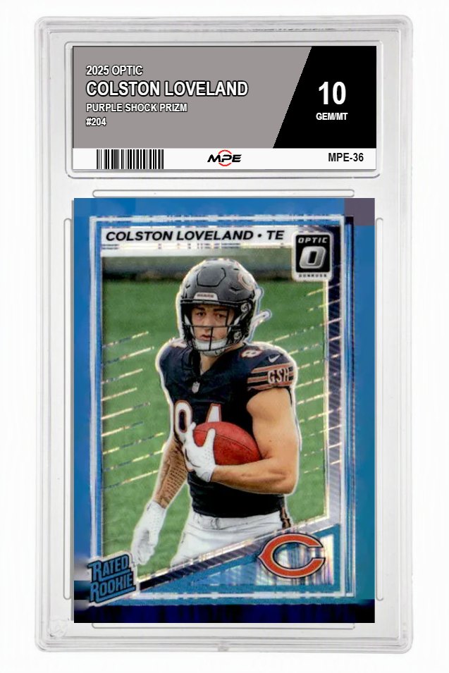 2025 OPTIC PURPLE SHOCK PRIZM #204 COLSTON LOVELAND MPE 10 GEM/MT — graded card auctioned from the MPE vault