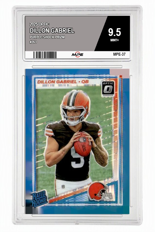 2025 OPTIC PURPLE SHOCK PRIZM #263 DILLON GABRIEL MPE 9.5 MINT+ — graded card auctioned from the MPE vault
