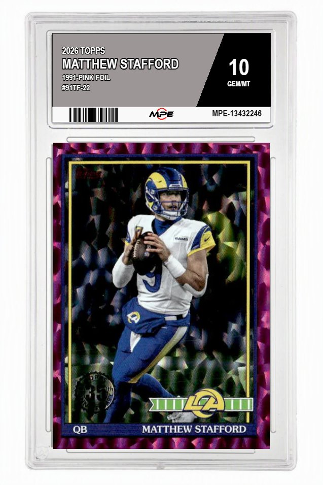 2026 TOPPS 1991-PINK FOIL #91TF-22 MATTHEW STAFFORD MPE 10 GEM/MT — graded card auctioned from the MPE vault