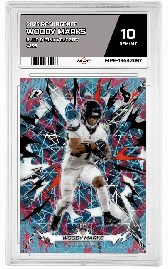 2025 RESURGENCE BLUE & PINK VELOCITY #139 WOODY MARKS MPE 10 GEM/MT — graded card auctioned from the MPE vault