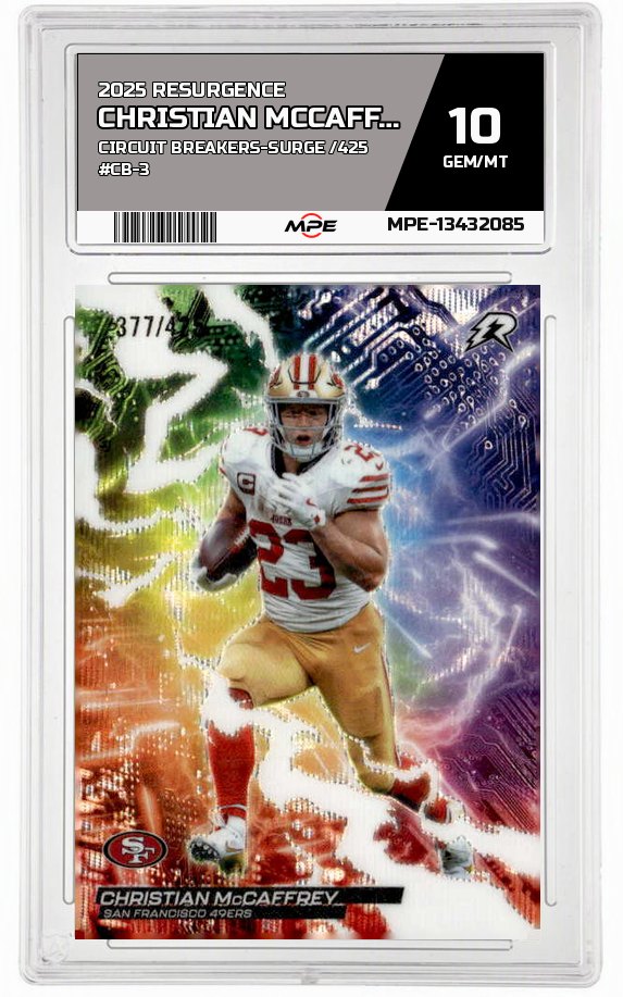 2025 RESURGENCE CIRCUIT BREAKERS-SURGE /425 #CB-3 CHRISTIAN MCCAFFREY MPE 10 GEM/MT — graded card auctioned from the MPE vault