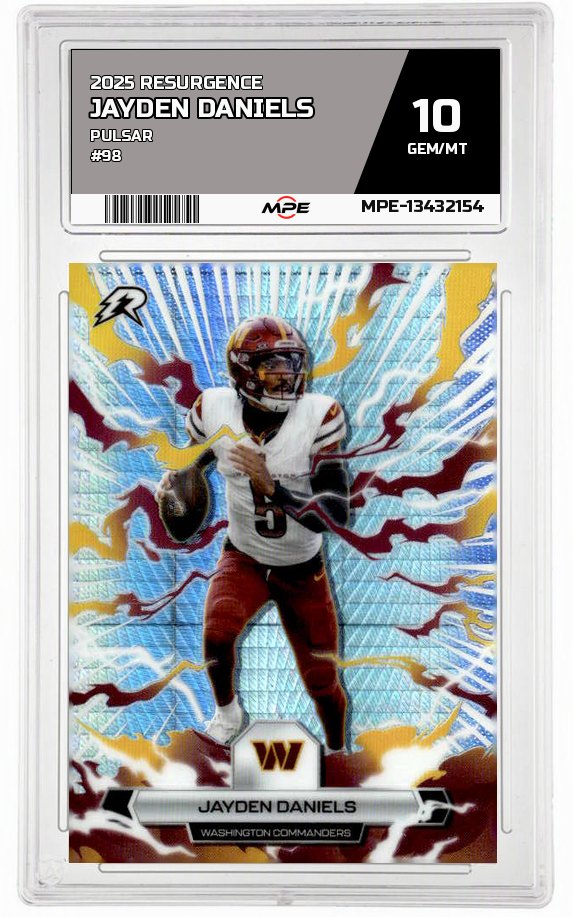 2025 RESURGENCE PULSAR #98 JAYDEN DANIELS MPE 10 GEM/MT — graded card auctioned from the MPE vault