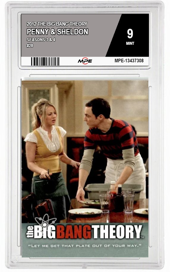2012 THE BIG BANG THEORY SEASONS 3 & 4 #28 PENNY & SHELDON MPE 9 MINT — graded card auctioned from the MPE vault
