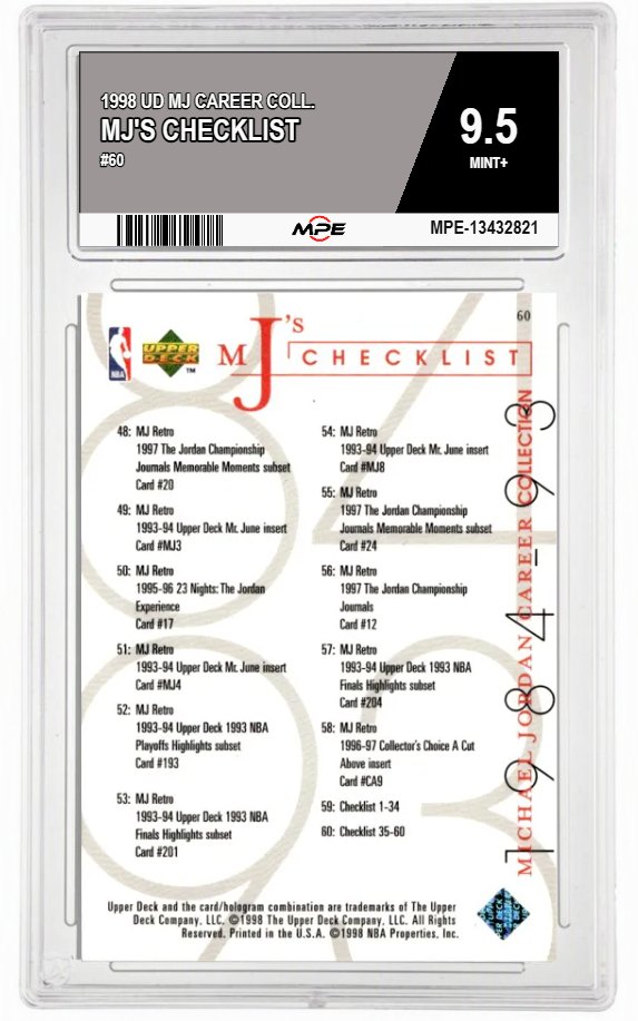 1998 UD MJ CAREER COLL. #60 MJ'S CHECKLIST MPE 9.5 MINT+ — graded card auctioned from the MPE vault