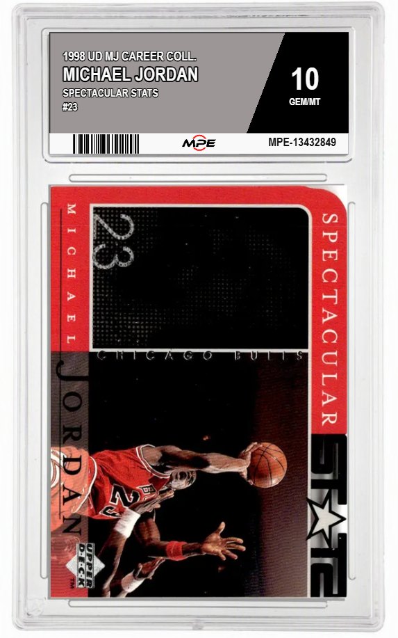 1998 UD MJ CAREER COLL. SPECTACULAR STATS #23 MICHAEL JORDAN MPE 10 GEM/MT — graded card auctioned from the MPE vault