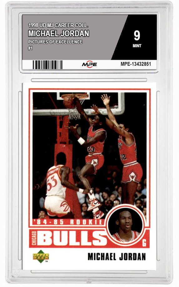 1998 UD MJ CAREER COLL. PICTURES OF EXCELLENCE #1 MICHAEL JORDAN MPE 9 MINT — graded card auctioned from the MPE vault