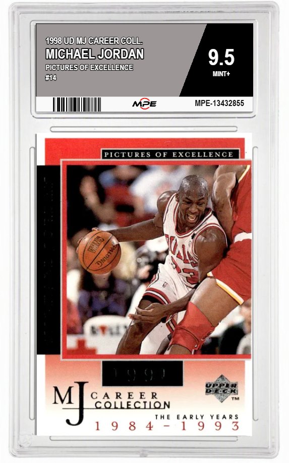 1998 UD MJ CAREER COLL. PICTURES OF EXCELLENCE #14 MICHAEL JORDAN MPE 9.5 MINT+ — graded card auctioned from the MPE vault