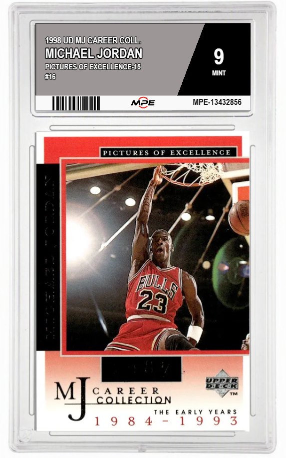 1998 UD MJ CAREER COLL. PICTURES OF EXCELLENCE-15 #16 MICHAEL JORDAN MPE 9 MINT — graded card auctioned from the MPE vault