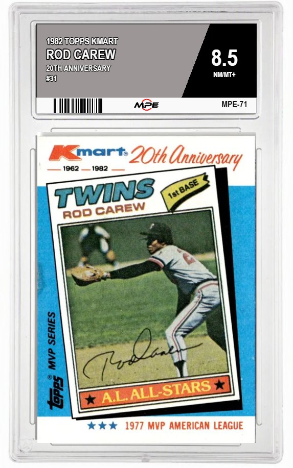 1982 TOPPS KMART 20TH ANNIVERSARY #31 ROD CAREW MPE 8.5 NM/MT+ — graded card auctioned from the MPE vault