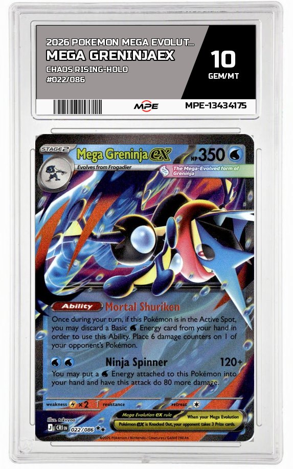 2026 POKEMON MEGA EVOLUTION CHAOS RISING-HOLO #022/086 Mega GreninjaEX MPE 10 GEM/MT — graded card auctioned from the MPE vault