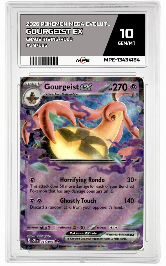 2026 POKEMON MEGA EVOLUTION CHAOS RISING-HOLO #041/086 GOURGEIST EX MPE 10 GEM/MT — graded card auctioned from the MPE vault