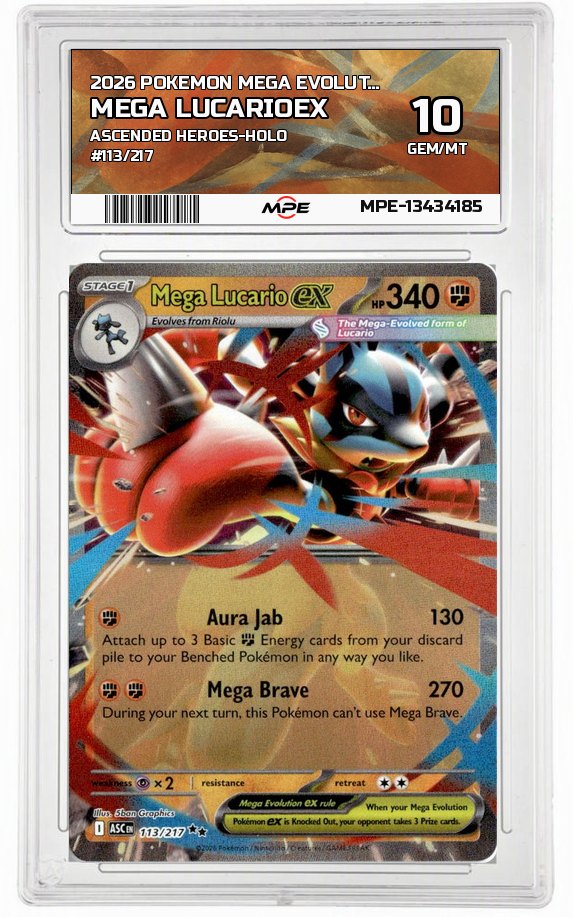 2026 POKEMON MEGA EVOLUTION ASCENDED HEROES-HOLO #113/217 Mega LucarioEX MPE 10 GEM/MT — graded card auctioned from the MPE vault
