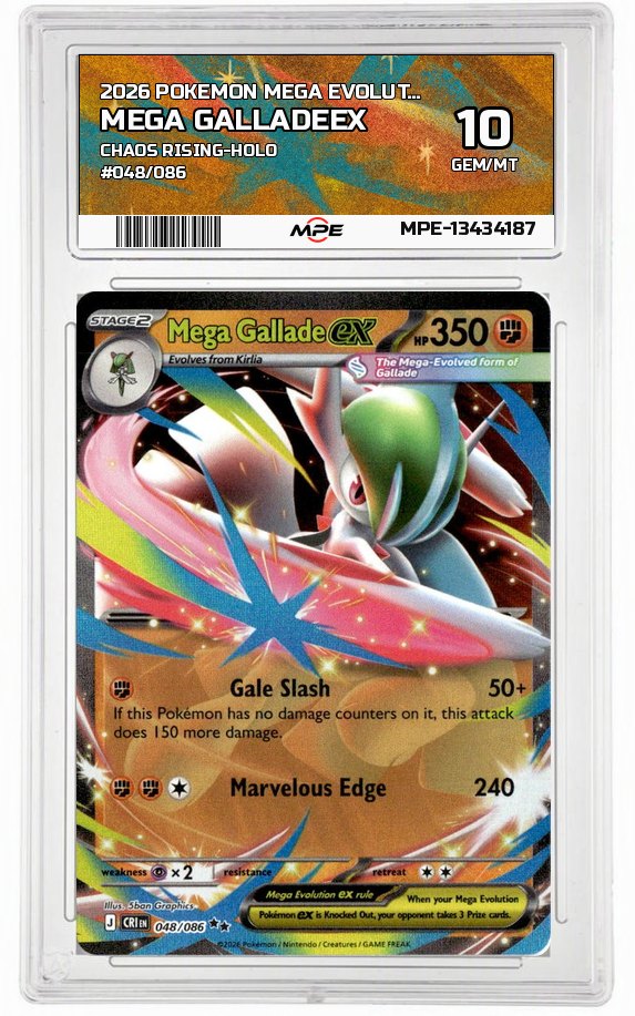 2026 POKEMON MEGA EVOLUTION CHAOS RISING-HOLO #048/086 Mega GalladeEX MPE 10 GEM/MT — graded card auctioned from the MPE vault