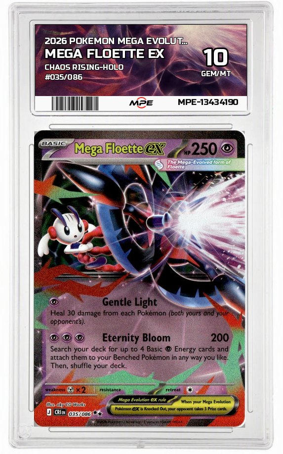 2026 POKEMON MEGA EVOLUTION CHAOS RISING-HOLO #035/086 MEGA FLOETTE EX MPE 10 GEM/MT — graded card auctioned from the MPE vault