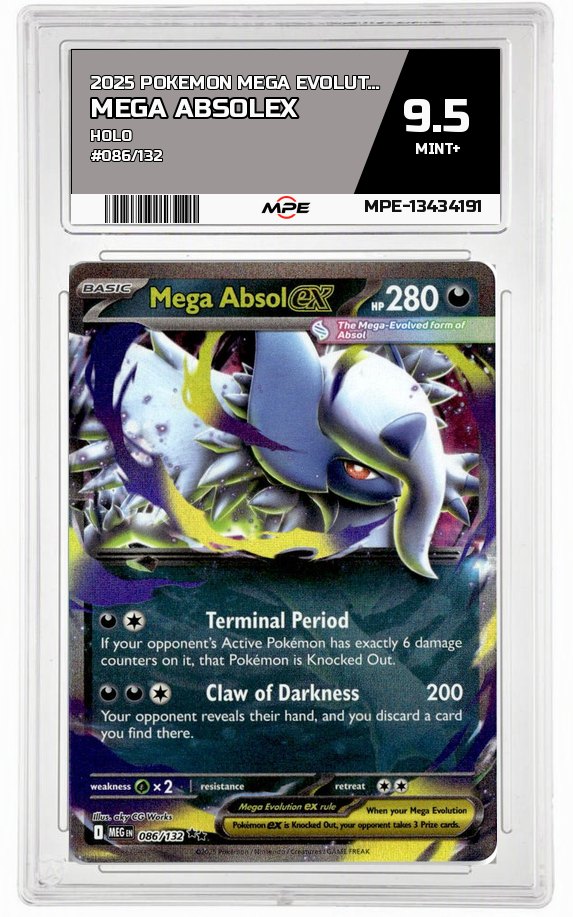 2025 POKEMON MEGA EVOLUTION HOLO #086/132 Mega AbsolEX MPE 9.5 MINT+ — graded card auctioned from the MPE vault