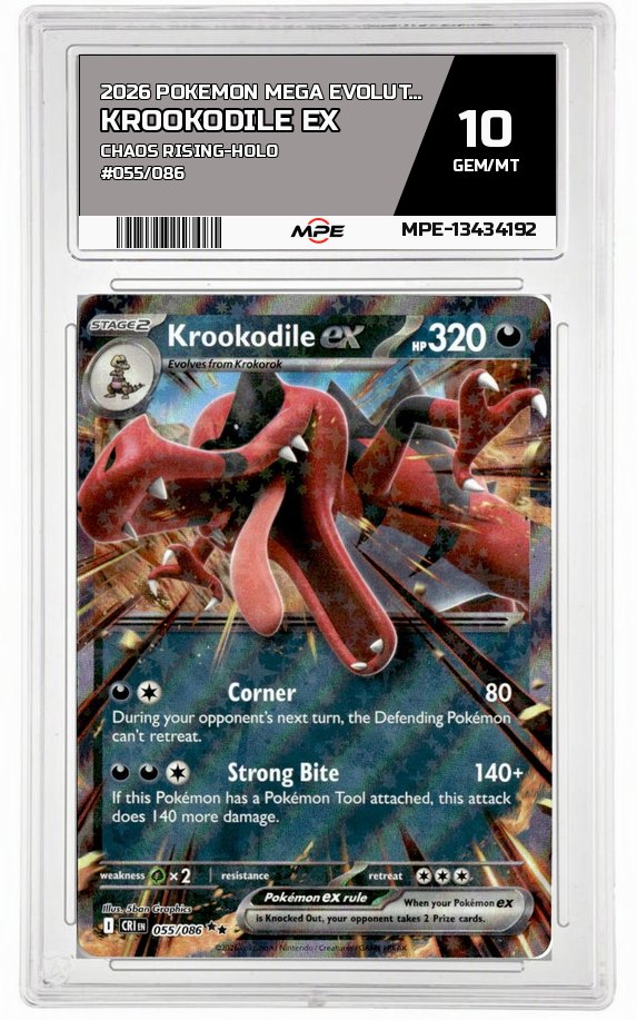 2026 POKEMON MEGA EVOLUTION CHAOS RISING-HOLO #055/086 KROOKODILE EX MPE 10 GEM/MT — graded card auctioned from the MPE vault