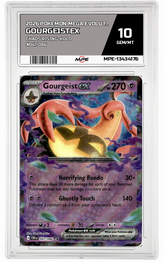 2026 POKEMON MEGA EVOLUTION CHAOS RISING-HOLO #041/086 GourgeistEX MPE 10 GEM/MT — graded card auctioned from the MPE vault