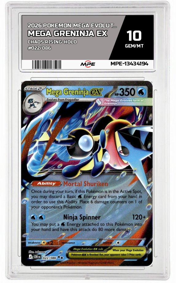 2026 POKEMON MEGA EVOLUTION CHAOS RISING-HOLO #022/086 MEGA GRENINJA EX MPE 10 GEM/MT — graded card auctioned from the MPE vault