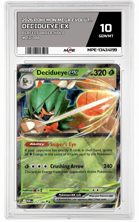 2026 POKEMON MEGA EVOLUTION PERFECT ORDER-HOLO #012/088 DECIDUEYE EX MPE 10 GEM/MT — graded card auctioned from the MPE vault