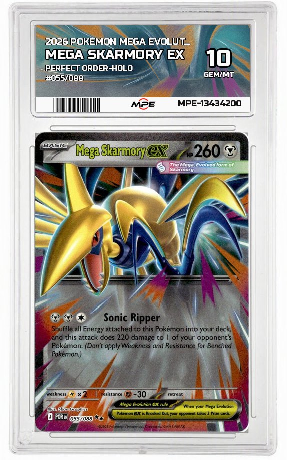 2026 POKEMON MEGA EVOLUTION PERFECT ORDER-HOLO #055/088 MEGA SKARMORY EX MPE 10 GEM/MT — graded card auctioned from the MPE vault