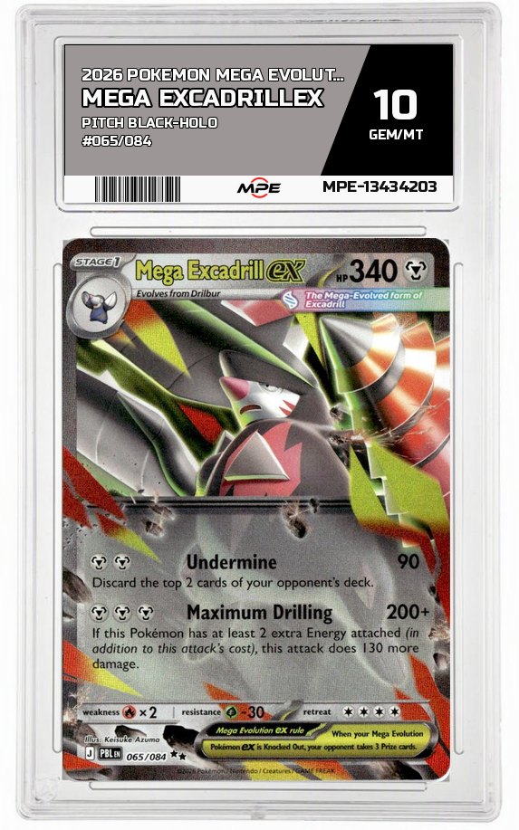 2026 POKEMON MEGA EVOLUTION PITCH BLACK-HOLO #065/084 Mega ExcadrillEX MPE 10 GEM/MT — graded card auctioned from the MPE vault