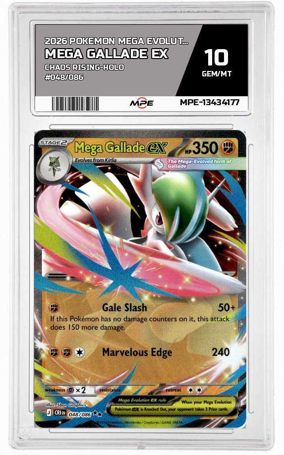 2026 POKEMON MEGA EVOLUTION CHAOS RISING-HOLO #048/086 MEGA GALLADE EX MPE 10 GEM/MT — graded card auctioned from the MPE vault