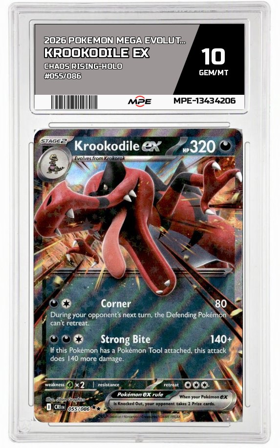2026 POKEMON MEGA EVOLUTION CHAOS RISING-HOLO #055/086 KROOKODILE EX MPE 10 GEM/MT — graded card auctioned from the MPE vault