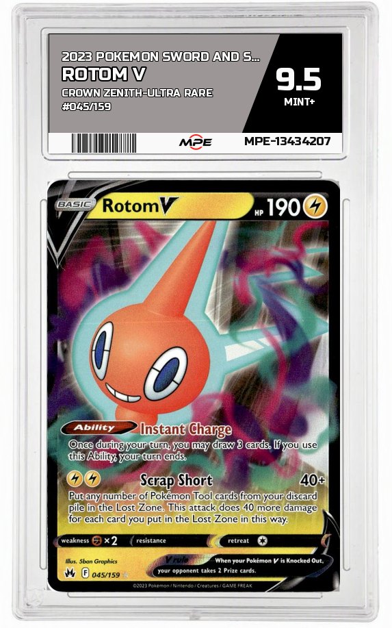 2023 POKEMON SWORD AND SHIELD CROWN ZENITH-Ultra Rare #045/159 ROTOM V MPE 9.5 MINT+ — graded card auctioned from the MPE vault