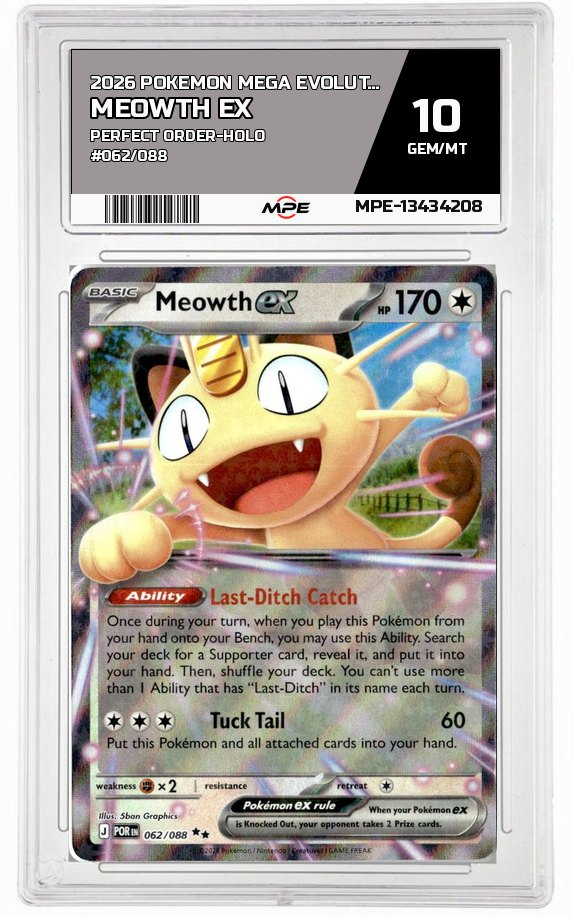 2026 POKEMON MEGA EVOLUTION PERFECT ORDER-HOLO #062/088 MEOWTH EX MPE 10 GEM/MT — graded card auctioned from the MPE vault