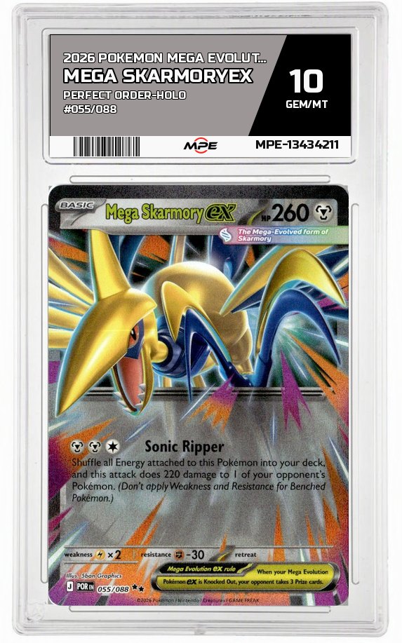 2026 POKEMON MEGA EVOLUTION PERFECT ORDER-HOLO #055/088 Mega SkarmoryEX MPE 10 GEM/MT — graded card auctioned from the MPE vault