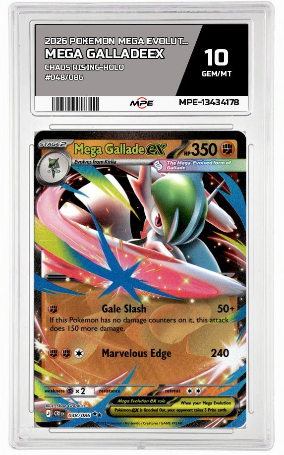 2026 POKEMON MEGA EVOLUTION CHAOS RISING-HOLO #048/086 Mega GalladeEX MPE 10 GEM/MT — graded card auctioned from the MPE vault