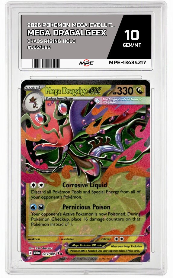 2026 POKEMON MEGA EVOLUTION CHAOS RISING-HOLO #065/086 Mega DragalgeEX MPE 10 GEM/MT — graded card auctioned from the MPE vault