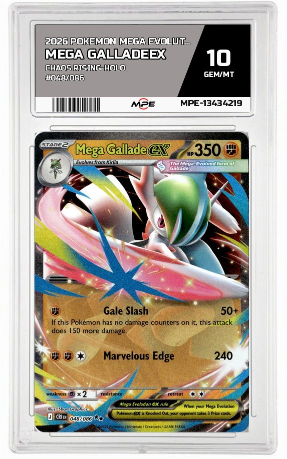 2026 POKEMON MEGA EVOLUTION CHAOS RISING-HOLO #048/086 Mega GalladeEX MPE 10 GEM/MT — graded card auctioned from the MPE vault