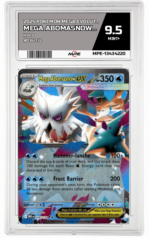 2025 POKEMON MEGA EVOLUTION HOLO #036/132 Mega AbomasnowEX MPE 9.5 MINT+ — graded card auctioned from the MPE vault