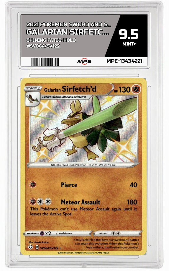 2021 POKEMON SWORD AND SHIELD SHINING FATES-HOLO #SV064/SV122 Galarian Sirfetch'd MPE 9.5 MINT+ — graded card auctioned from the MPE vault