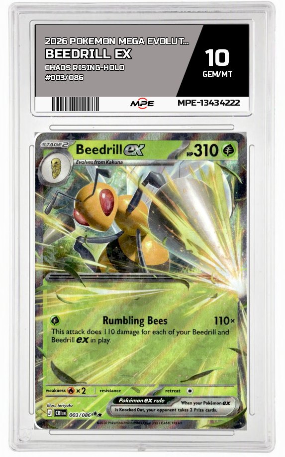 2026 POKEMON MEGA EVOLUTION CHAOS RISING-HOLO #003/086 BEEDRILL EX MPE 10 GEM/MT — graded card auctioned from the MPE vault