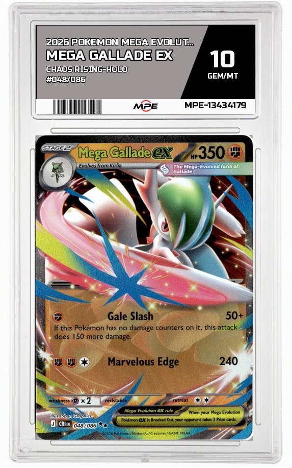 2026 POKEMON MEGA EVOLUTION CHAOS RISING-HOLO #048/086 MEGA GALLADE EX MPE 10 GEM/MT — graded card auctioned from the MPE vault