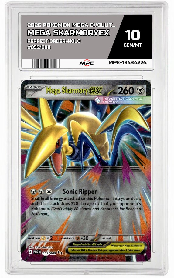 2026 POKEMON MEGA EVOLUTION PERFECT ORDER-HOLO #055/088 Mega SkarmoryEX MPE 10 GEM/MT — graded card auctioned from the MPE vault