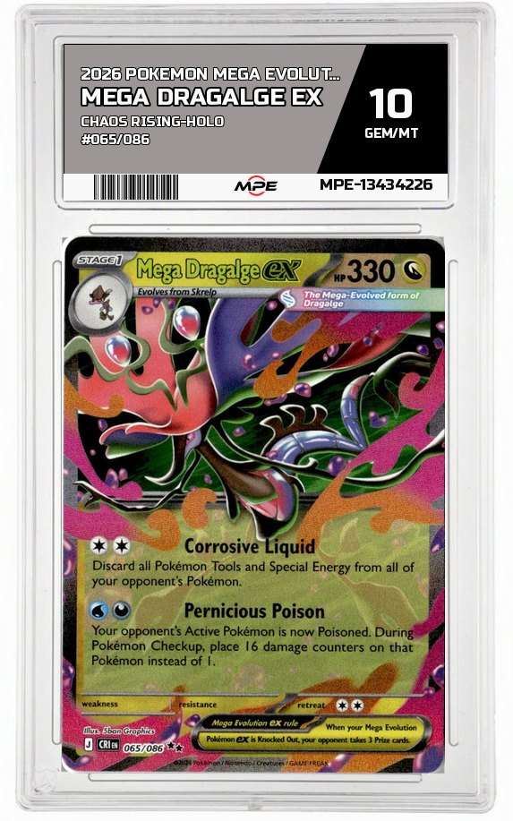 2026 POKEMON MEGA EVOLUTION CHAOS RISING-HOLO #065/086 MEGA DRAGALGE EX MPE 10 GEM/MT — graded card auctioned from the MPE vault