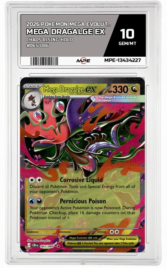 2026 POKEMON MEGA EVOLUTION CHAOS RISING-HOLO #065/086 MEGA DRAGALGE EX MPE 10 GEM/MT — graded card auctioned from the MPE vault