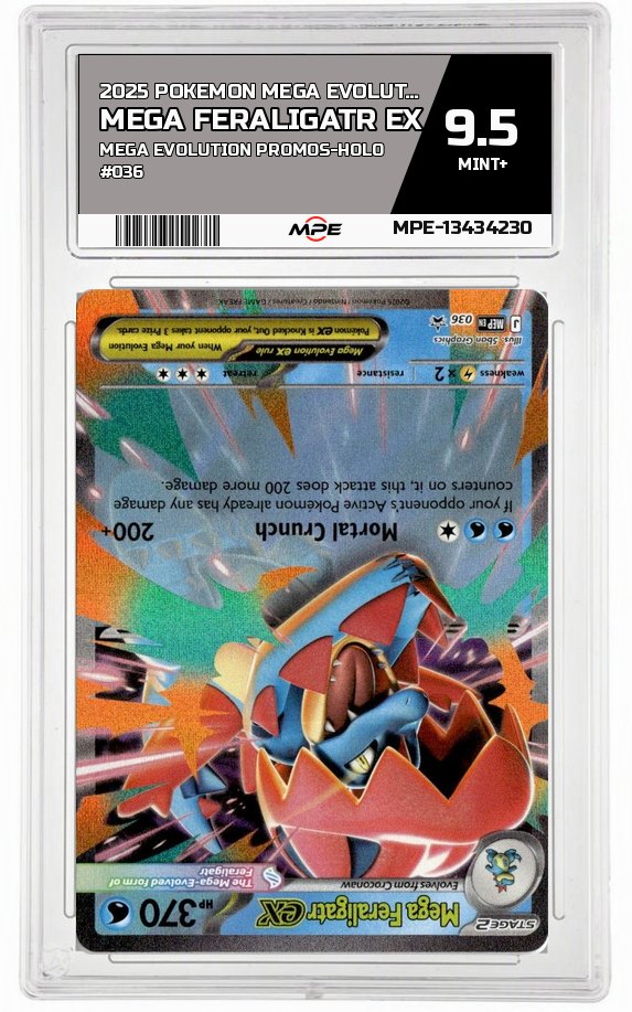 2025 POKEMON MEGA EVOLUTION MEGA EVOLUTION PROMOS-HOLO #036 MEGA FERALIGATR EX MPE 9.5 MINT+ — graded card auctioned from the MPE vault