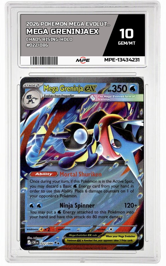 2026 POKEMON MEGA EVOLUTION CHAOS RISING-HOLO #022/086 Mega GreninjaEX MPE 10 GEM/MT — graded card auctioned from the MPE vault