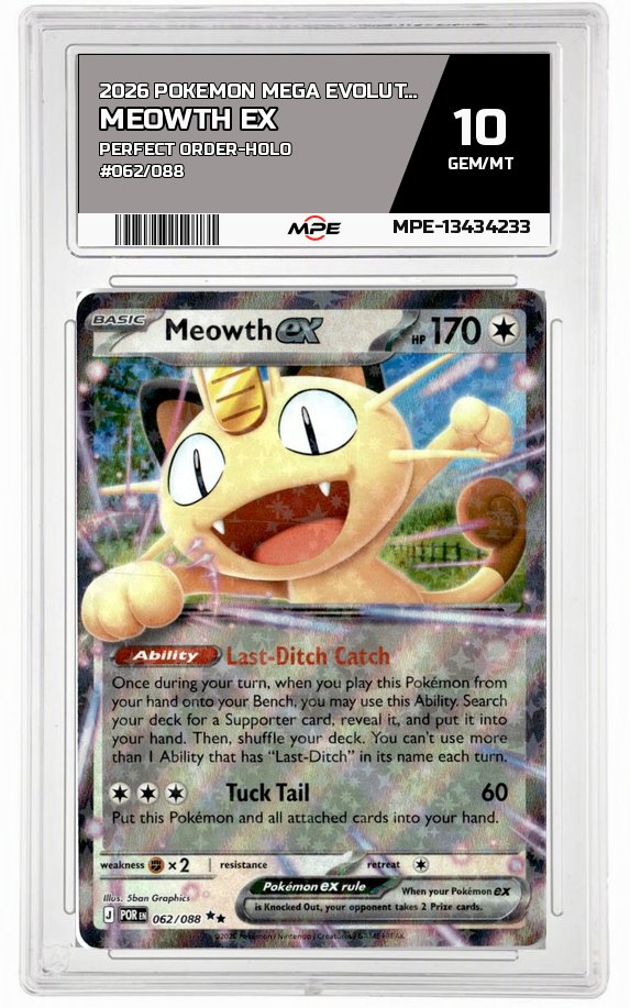 2026 POKEMON MEGA EVOLUTION PERFECT ORDER-HOLO #062/088 MEOWTH EX MPE 10 GEM/MT — graded card auctioned from the MPE vault