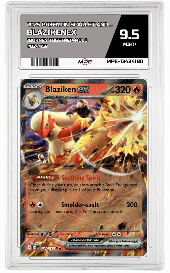 2025 POKEMON SCARLET AND VIOLET JOURNEY TOGETHER-HOLO #024/159 BlazikenEX MPE 9.5 MINT+ — graded card auctioned from the MPE vault